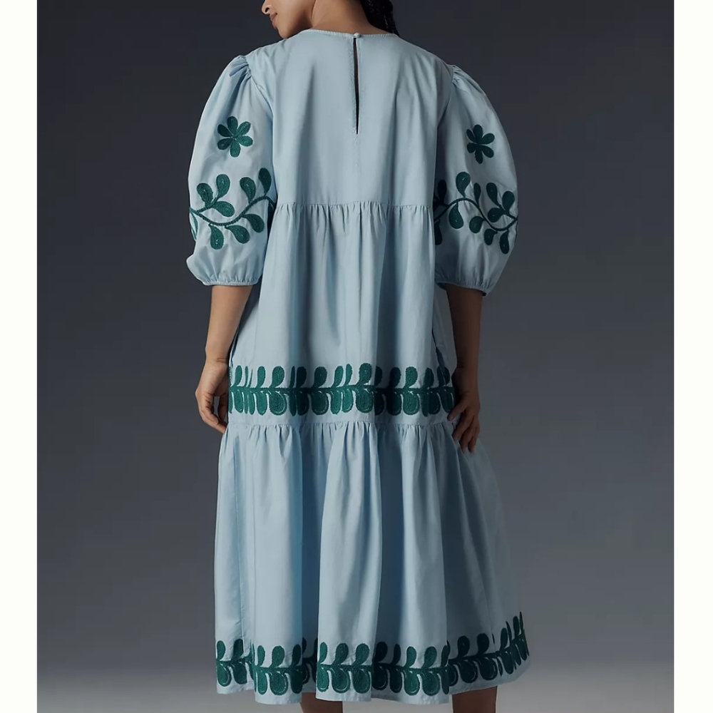 S/M Anthropologie Embroidered Puff Sleeve Midi Dress - Picture 2 of 7